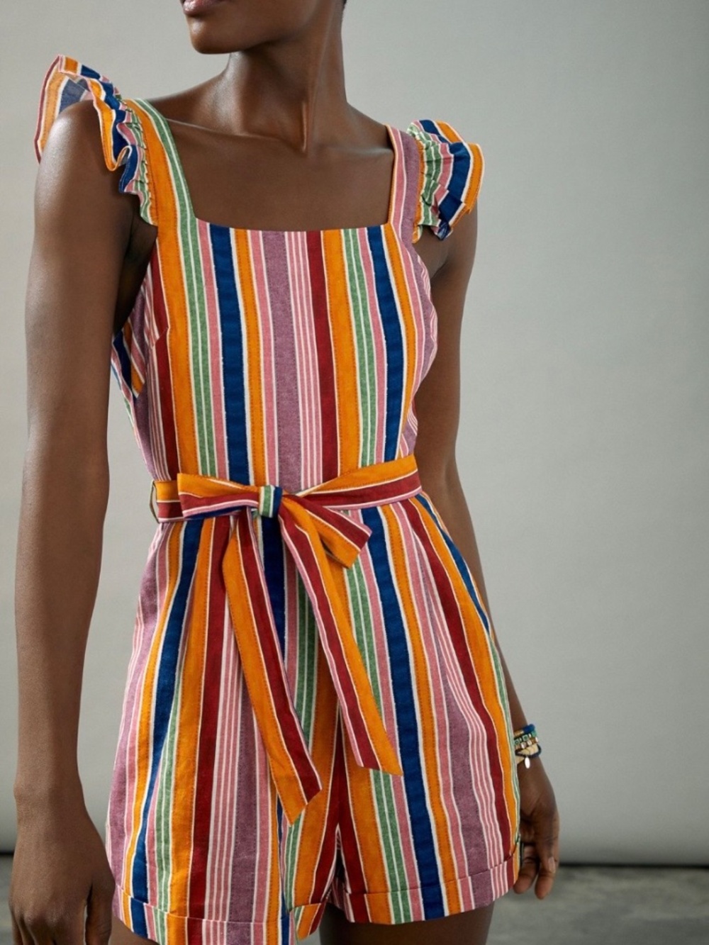 NWT Farm Rio Anthropologie Multicolor Striped Belted Ruffle Romper XL